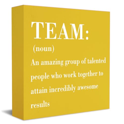 HTBIG Inspirational Team Noun Office Decor Desk Decor Wooden Box Sign, Rustic Black Wood Plaque Box Sign for Home Office Desk Shelf Table Decoration Coworker Gift Team Sign, Yellow
