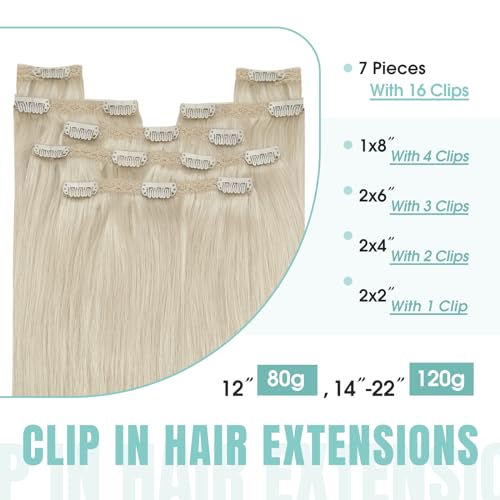 YoungSee Clip in Hair Extensions Real Human Hair Blonde 12 inch 80g Clip in Human Hair Extensions Platinum Blonde Clip in Extensions White Blonde for Women Short Straight 7Pcs - Image 2