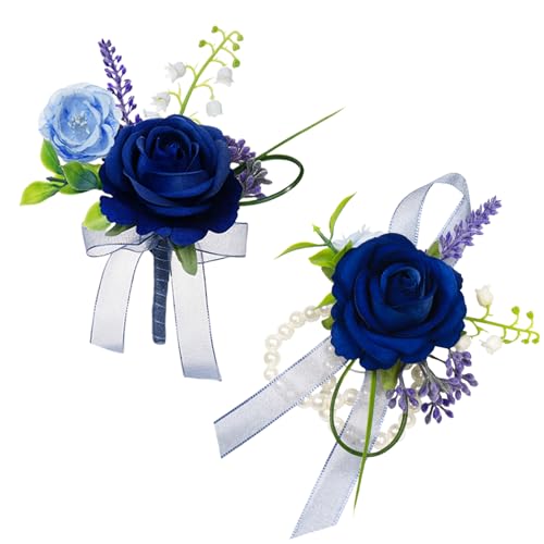 AuroraAria Navy Blue Corsage and Boutonniere Set Silk Prom Corsage Wristlet Band Bracelet for Homecoming Wedding Prom Suit Accessories