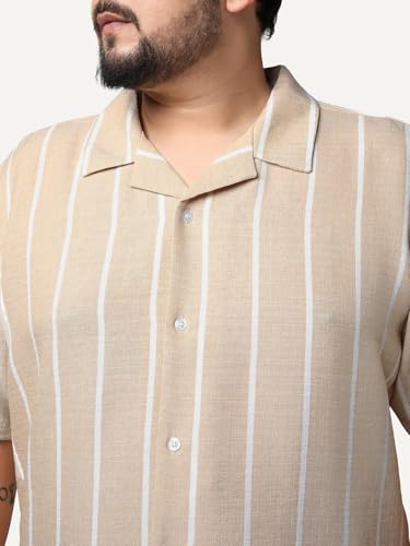 Image of Urbano Plus Men's Cotton Half Sleeve Relaxed Fit Linen Striped Shirt with Cuban Collar
