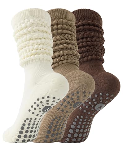 3 par säckiga pilates greppstrumpor för kvinnor, Kräm + kaki + kaffe, One Size