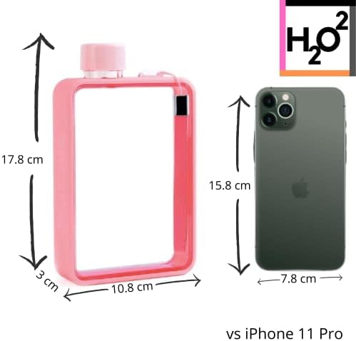 H2OSQD Flat Water Bottle, Leak-Proof Lid and Vegan Carry Strap 380ml (Pink)