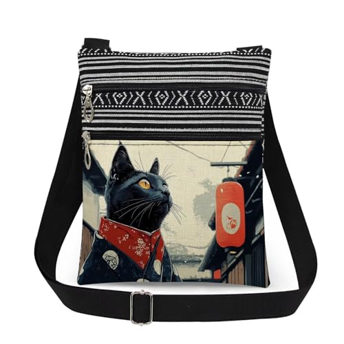 Japanese Style Black Cat Print Crossbody Bag Outdoor Travel Adjustable Shoulder Strap Messenger Bag Unique Japanese Present​​ Birthday Gift Christmas for Cat Lover