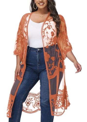 Image of Anna-Kaci Women's Plus Size Lace Cardigan Embroidered Long Kimono Dusters with Half Sleeves