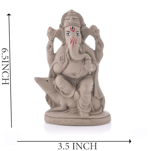 Image of SAUDEEP INDIA 6 Inch Mitti Ganesh Idol | Eco-Friendly Handcrafted Mud /Clay Ganesh Murti | Ganpati Figurine for Visarjan | Biodegradable Lotus Ganesha Statue | Ganesh Chaturthi (Mushak Ganesha)