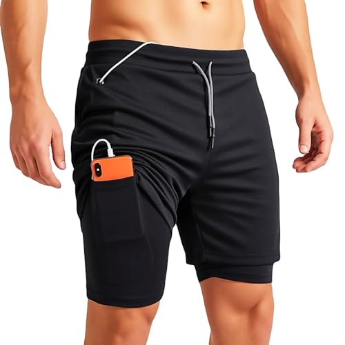 Image of Kideerly Mens Running Shorts 2-in-1 – Black Athletic Workout Shorts for Men, Breathable Quick-Dry with Liner, Drawstring, Phone Pockets, Gym, Training & Sports