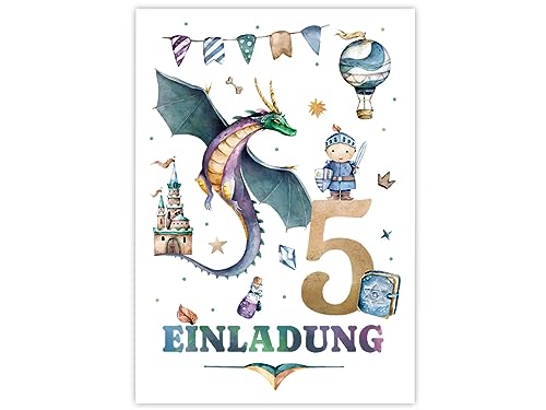 Minkocards 12 Einladungskarten zum 5. Kindergeburtstag Junge Ritter Drache Einladungen zum fünften Geburtstag Kinder bunte Geburtstagseinladungen