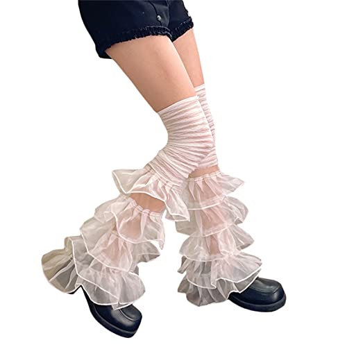 Image of Women Leg Warmers Ruffled Lace Patchwork Long Thigh High Socks Boot Cuffs Cover for Streetwear