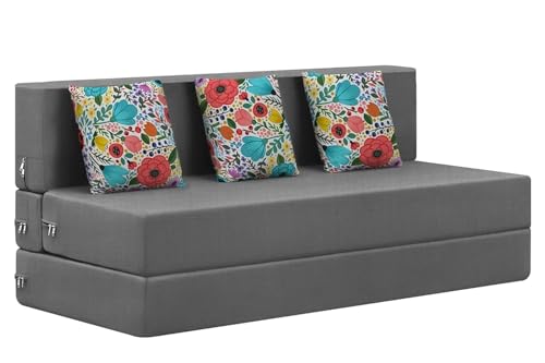 Image of Rosebell 3 Seater Foldable Sofa Cum Bed | 5x6 feet Jute Fabric with Washable Cover & 3 Printed Cushion | Multipurpose Sofa Bed for Living Room - Grey Color