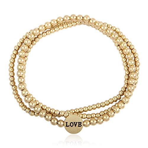 Inspiration Engraved Bar Sparkly Crystal Bead Bracelet - Religious Christian Message Stretch Strand Cuff Bangle Lord, Amazing Grace, Philippians Bible (Metallic Bead 3 Layer - Love Matte Gold)