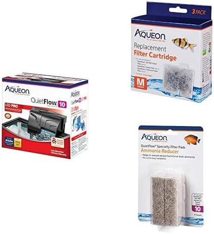 Aqueon QuietFlow 10 LED PRO Aquarium Fish Tank Power Filter, Replacement Filter Cartridges Medium - 3 Count QuietFlow LED PRO Ammonia Reducer 4 Count Filter Pads Bundle