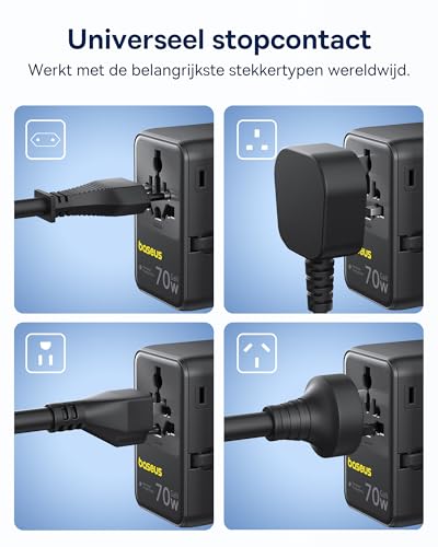 Baseus Enercore 70W Wereldwijde Reisadapter met Uittrekbare Kabel, Universele Reisstekker met 2 AC + 2 USB-A + USB-C, Internationale Stopcontactadapter voor de VS, het VK, Japan, Thailand en Australië - Afbeelding 4