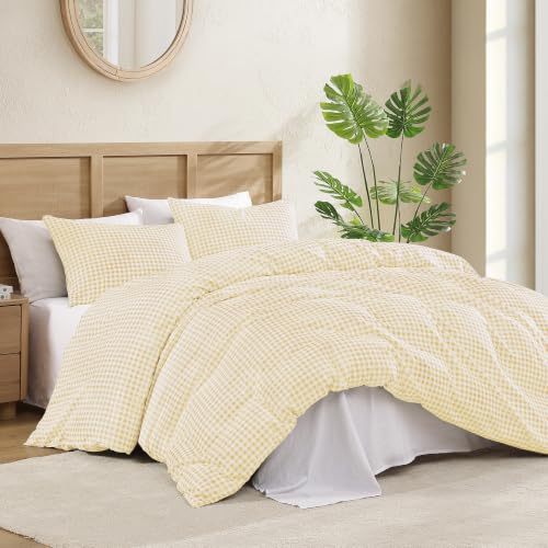 Image of Andency Gingham Duvet Cover Full Size, Yellow Checkered Plaid Bedding Set, 3 Pieces Soft Prewashed Microfiber Comforter Cover with Zipper Closure & Corner Ties