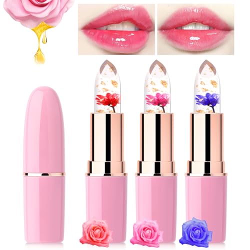 Likesing 3 Piezas Pintalabios Magico Labial Cambia Color PH Labiales Flor Barra de Labios Permanente Bálsamo Labial (Rojo+Rosa+Púrpura, 3)