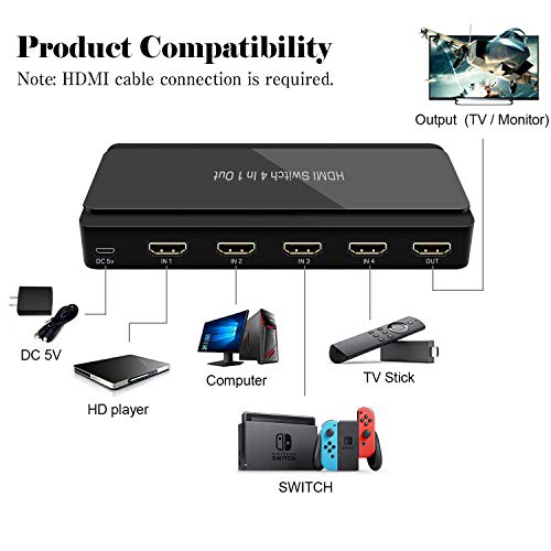 HDMI Switch 4x1 HDMI Switcher Selector 4 Port Box with IR Remote Control HDMI 1.4 HDCP 1.4 Support 4K@30Hz Ultra HD 3D 1080P for Fire TV, Roku, PS3, PS4, Xbox, Apple TV, DVD etc.(4 Input 1 Output) - Thumbnail 3