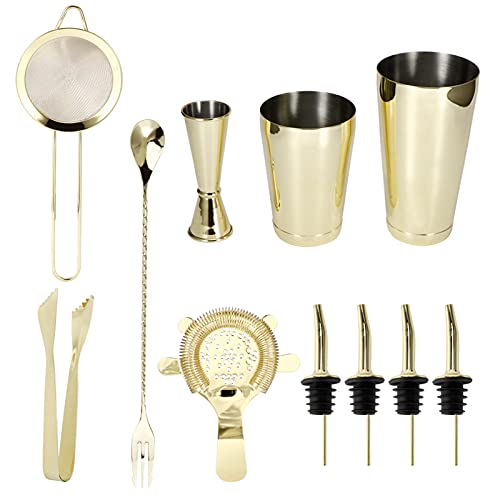 Juego de coctelera de cóctel Kit de barman, 11 unids/set mezclador de bebidas de vino de acero inoxidable Martini Shaker Jigger Colador Mezclador Cuchara Verter de licor Herramientas de barman pou