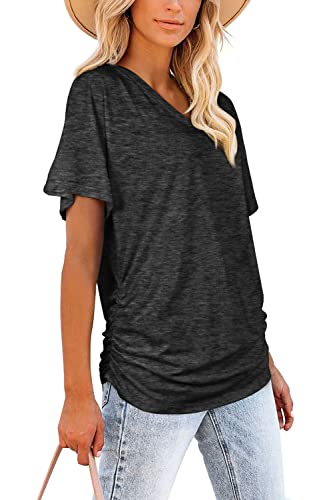 Image of WIHOLL Womens Summer T-Shirts Short Sleeve V Neck Dolman Tops with Side Shirring Loose Fit Shirts Spring Fashion
