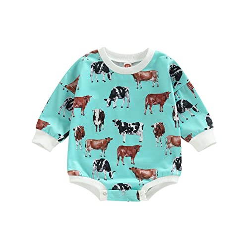 Image of Baby Girl Boy Western Outfit Cow Print Crewneck Romper Sweatshirt Oversized Bodysuit Sweater Tops Fall Winter Clothes