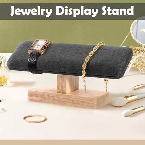 Velvet Covered Wood Bracelet Holder,T-Bar Woodten Watch Display Stand Jewelry Display Organizer Holder,Bangle Pendants Anklet Tower Rack Jewelry Tower for Home Retail Display Selling (Grey Velvet) by U-Vathing - Used condition - Image 4