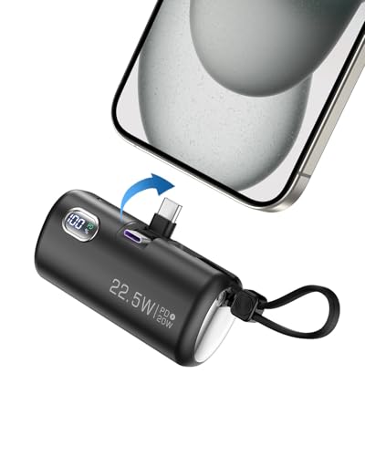Mini Power Bank with Built-in Foldable USB-C Connector, 5,000mAh Small Portable Charger with Built in Cable, 22.5W Fast Charging Battery Pack for iPhone15/14/13/12/11/Samsung/Huawei/iPad and More.