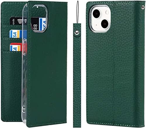 BNEGUV for Apple iPhone 14 Plus Case Flip Wallet with Wrist Strap, Leather Lychee Pattern Folio Kickstand Phone Cover [Card Holder] Holster (Color : Green)
