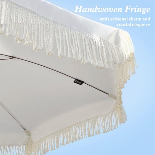 AMMSUN 7ft Patio Umbrella with Fringe, Easy to Set Up, Push Button Tilt, UV 50+ Protection, Outdoor Umbrella with Tassels for Backyard, Pool, Garden, Beach Party, White Cream image 1