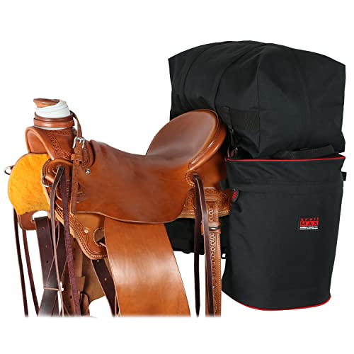 TrailMax Horse Saddlebags for Trail Riding – Medium & Large Western Saddle Bags for Horses & Mules, Durable No-Bounce Design, Insulated Storage, Secure Fit Trail Gear, Large, Black with Red Piping