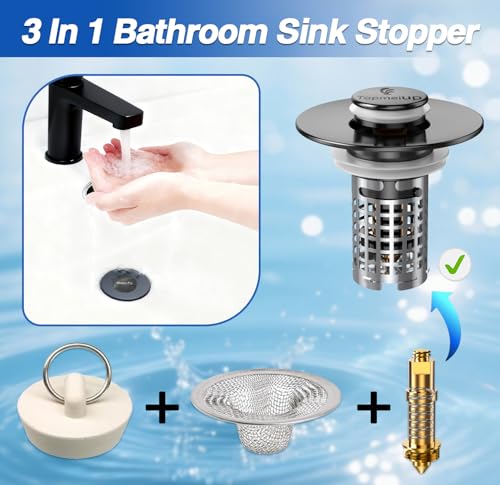 Image of Bathroom Sink Drain Strainer, Pop-up Sink Drain Strainer with Removable Stainless Steel Strainer Basket Hair Catcher, Bathroom Sink Strainer for Bathroom Sink Stopper Replacement