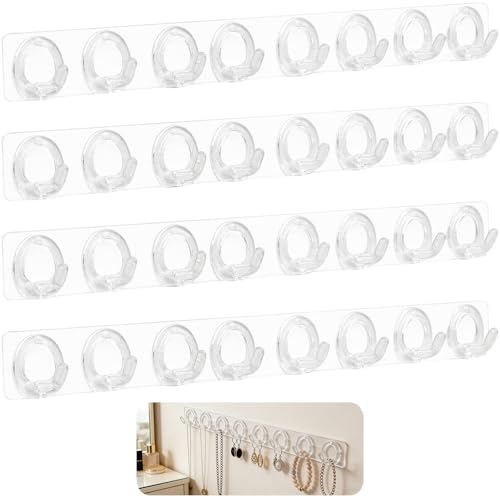 4 PCS Colgador de Joyas de Pared con 8 Ganchos, Soporte para Collar y Pendientes de PC Transparente, Organizador de Joyería de Lujo para Pulseras y Cadenas, Soporte de Joyería para Collar Sin Taladrar