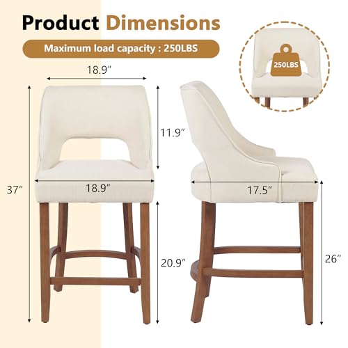 Butacos modernos de bar, set de 2 unidades, altura para barra (26 pulgadas), con respaldo y reposapiés curvo, tapizados en beige con patas de nogal, para isla de cocina, comedor y bar miniatura 2