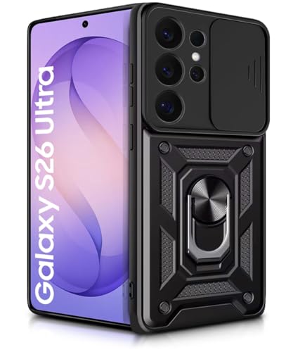Image of WOW IMAGINE Tough Armor Bumper Mobile Back Case for Samsung Galaxy S26 Ultra 5G 2026 | Sliding Camera Cover | Shock Proof 360 Protection | Hybrid PC + TPU | Ring Holder with Kickstand - Black