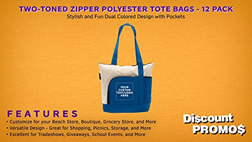 DISCOUNT PROMOS 12 Zipper Polyester Tote Bags Set - Customizable Text, Logo - Two-tone, Zipper Closure, Pen Loop - Blue2