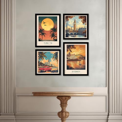 Image of kotart Retro Travel Theme City Vibes Wall Decor Photo Frames - Modern Art City Vibes Wall Decor Photo Frames - Wall Poster with Frame for Room Office Living Room Hotel Home Decor Set of 8 (Art 3, Big(13x17 or 13x13 inch), Framed)