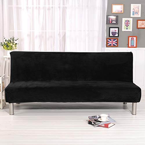 19V78 Armless Futon Cover Stretch Velvet Sofa Bed Slipcover Full Size Black Sofa Bed Cover Stretch Fabric No Armrest Couch Slipcovers Plush Sofa Covers Machine Washable, Black #TOP3