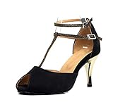 TDA Women's T-Strap Stiletto Heel Double Buckle Social Tango Ballroom Modern Latin Dance Shoes Black 8.5 M US