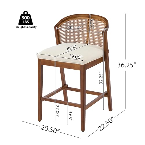 Image of Christopher Knight Home Jane Rattan Counter Stools Set of 4, Counter Height Bar Stools for Bar Table, Rubberwood Frame with Upholstered Barstools, Wood Accent Chair with Footrest, Beige + Walnut