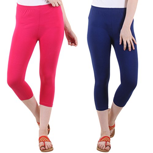 Image of DIAZ Women Cotton Stretchable Capri | Slim /Regular Fit | Breathable Yoga, Gym & Lounge Wear | High-Waist Stretchable 3 /4 Length Leggings with Wide Waistband - Pack of 2