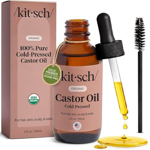 Kitsch Organic Castor Oil for Hair Growth - 100% Pure Castor Oil Organic Cold Pressed Unrefined Glass Bottle for Face Skin Lashes Brows Scalp Nails & Belly Button | Ideal Gifts for Women - 2 oz