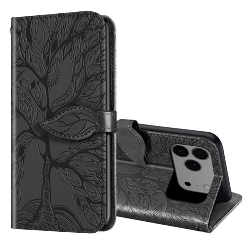 Étui portefeuille iPhone 16 Pro noir antichoc housse rabat cuir motif arbre
