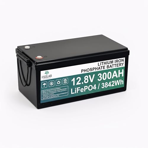 Fsolar 12.8V 300Ah LiFePO4 Lithium Battery, 3840Wh Deep Cycle Lithium Iron Phosphate Battery with Built-in 200A BMS, 5000+ Cycles, Perfect for RV, Caravan, Boat, Solar Home Storage & Off-Grid