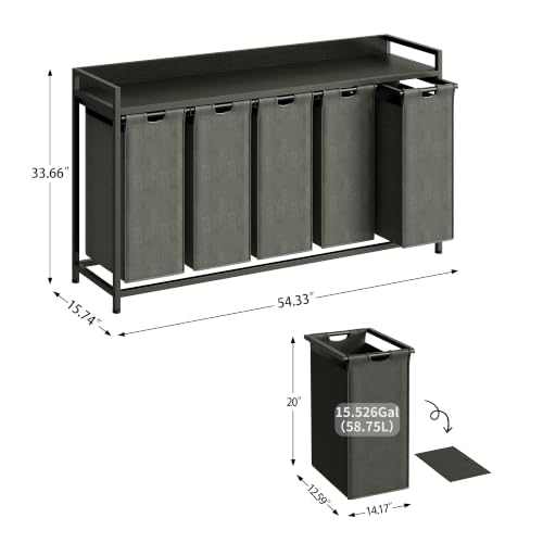 Herture Laundry Hamper with Shelf, Laundry Basket 5 Section, Laundry Sorter with Pull-Out Removable Large Bags and Movable Wheels, Metal Frame, 5 x 15.87 Gallons (60L), Black PF08XLB by Herture - Used condition - Image 2