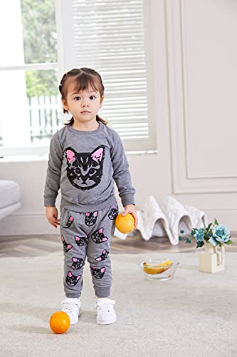 Puseky Toddler Kids Girls Cute Cat Sweatshirt Tops & Pants Tracksuit Outfits Set (2T-3T, Grey) #TOP4