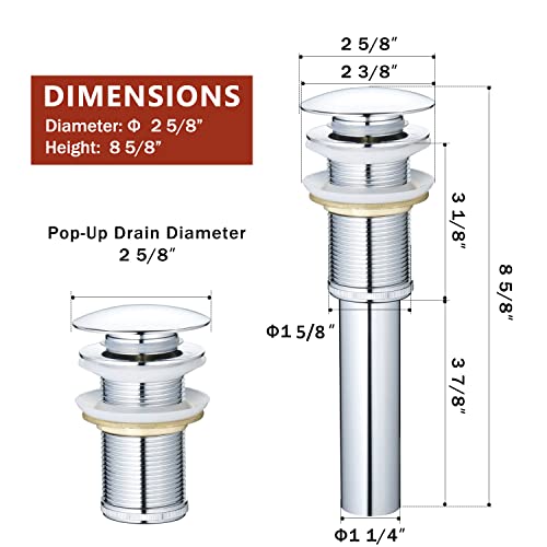 Yodel Faucet Bathroom Vessel Sink Drain without Overflow for big 1 3/4" Drain Opening Only - Pop Up Drain,Chrome,Y1618W-CH