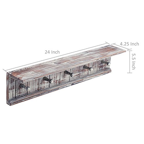Mygift Wall Mounted Rustic Solid Torched Wood Towel Hanger Hooks And Floating Display Shelf Rack With 5 Hooks #TOP6