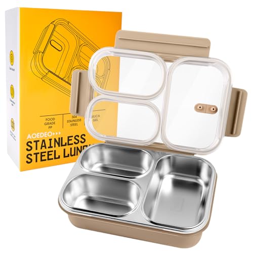 AOEDEO Stainless Steel Lunch Box, 3 Compartments Metal Bento Box for Kids, 25oz Lunch Container with Leakproof Lid, Divided Meal Prep Box for Adults, Kids - Ideal for Office, School, Healthy Eating