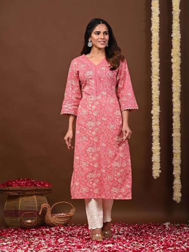 Image of Rimeline Women's Cotton Printed Kurta with Lace Trim Neckline | Straight Fit Ethnic Wear for Office, Casual & Daily Use
