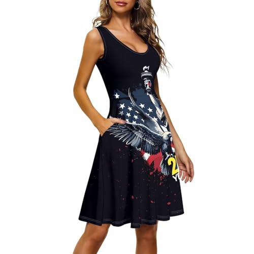 Image of Women Stylish Tank Dresses Sleeveless Round Neck Midi Casual Dress with Pocket for Summer