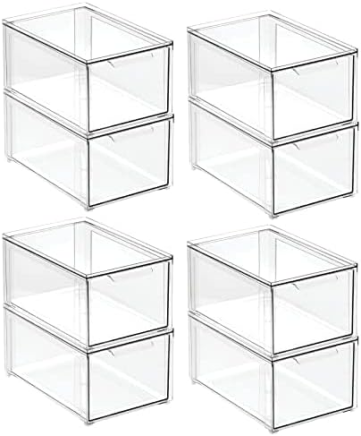 mDesign Plastic Stackable Bathroom Storage Organizer Bin with Pull Out Drawer for Cabinet, Vanity, Shelf, Cupboard, Cabinet, or Closet Organization - Lumiere Collection - 8 Pack - Clear