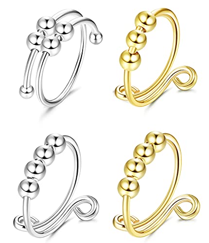 LOLIAS 4PCS Anello di Ansia Spinner Anello di Agitazione Perline a Spirale Regolabili Anello di Dito Aperto Anello Antistress a Doppio Strato Ruota Liberamente Anelli di Ansia per Donne e Ragazze