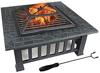 DAWOO Fire Pit with BBQ Grill Shelf,Barbecue Brazier,Table Brazier Garden Patio Heater/BBQ/Ice Pit with Waterproof Cover (3 in 1Fire Pit Table & Grill) (square)